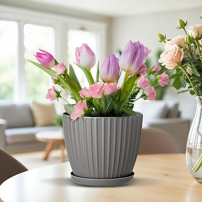 Gray 6-Inch Plant Pots with Drainage & Saucers 12 Pack, Indoor & Outdoor Planters for Houseplants, Herbs, and Flowers, Durable & Weatherproof Material, Stackable, Lightweight, Minimalist Design