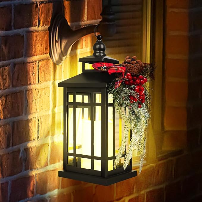 Metal Christmas Decorative Candle Lantern with Led Light,Red Plaid Ribbon,Lighted Hanging Vintage Lanterns for Home Decor Table Fireplace Porch Indoor Outdoor Decorations,Serpro