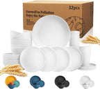 Wrova 32-piece Kitchen Alternative Plastic Wheat Straw Dinnerware Sets,Unbreakbale Dishwasher Safe Kitchen Bowls and Plates Sets with Cups,Modern Apartment Essential Dishes Set for 8.White Series