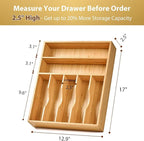 Umilife Bamboo Kitchen Drawer Organizer, 13 Inch Silverware Utensil Tray Holder, Extra Deep Grooved Drawer Divider, 7 Slots Total Bamboo Wood Caddy for Flatware Cutlery Knives, Forks, Spoons