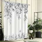 Eucalyptus Shower Curtain, Grey Watercolor Leaves with Floral Botanical Bathroom Decor, Waterproof Fabric Bath Curtain Set with Hooks, 72x84 Inches