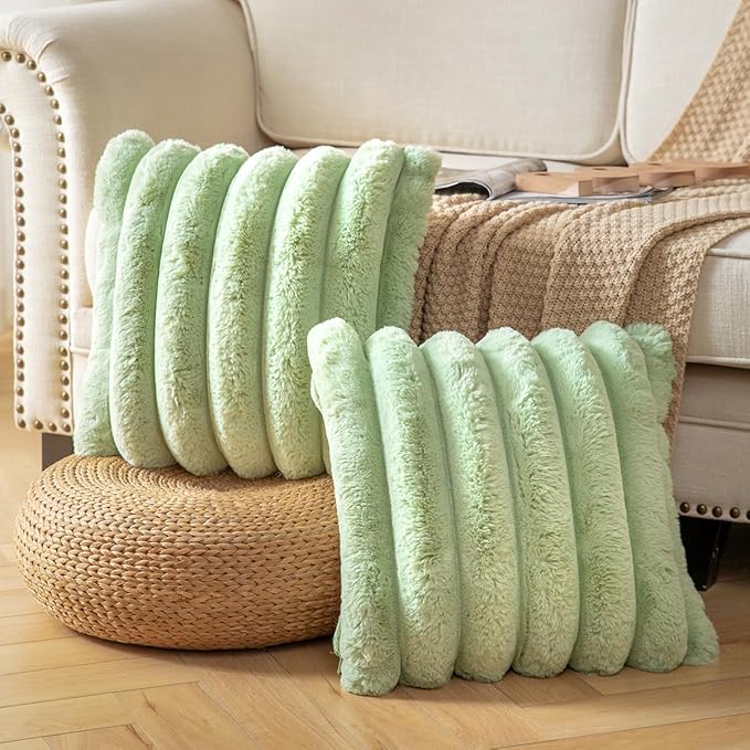 Faux Fur Plush Throw Pillow Covers 18x18 Inch Set of 2 - Luxury Decorative Fuzzy Striped Soft Cozy Pillowcase for Couch, Sofa, Living Room - Green