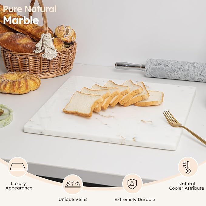 Diflart Natural Marble Stone Cutting Board for Kitchen, 16x16 Inch, White with Gold Veins, Marble Slab Pastry Board Large with Non-Slip Feet for Backing, Cheese, Chocolate, Pack of 1 Piece