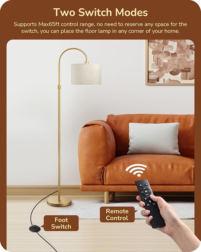 EDISHINE Modern Arc Floor Lamp with Remote, Dimmable Gold Floor Lamp, 3000K-6500K Color Temperatures, Tall Pole Reading Floor Lamps for Living Room Bedroom Office, Footswitch, LED Bulb Included