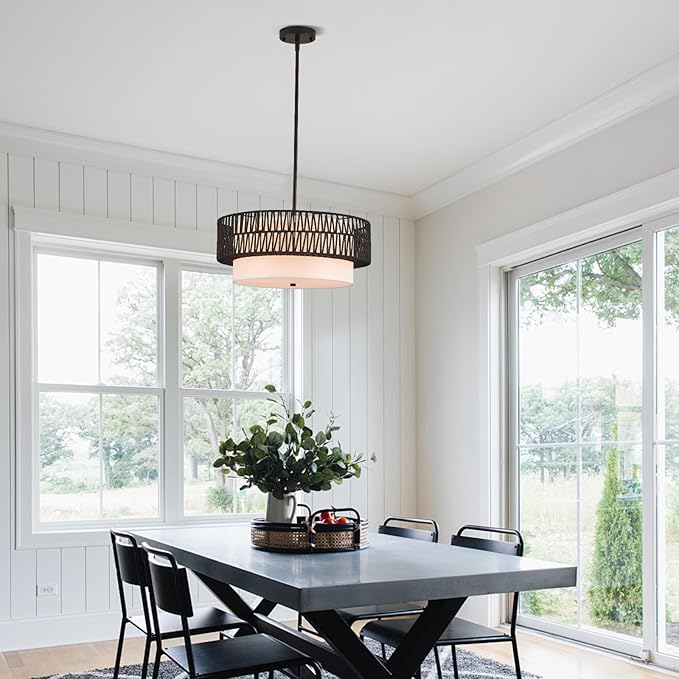 19" Rattan Chandelier with Linen Vintage Farmhouse Boho Hand Woven Bamboo Chandelier Light Fixture Modern Drum Wicker Rattan Black Chandeliers for Dining Room, Entryway, Bedroom, Foyer