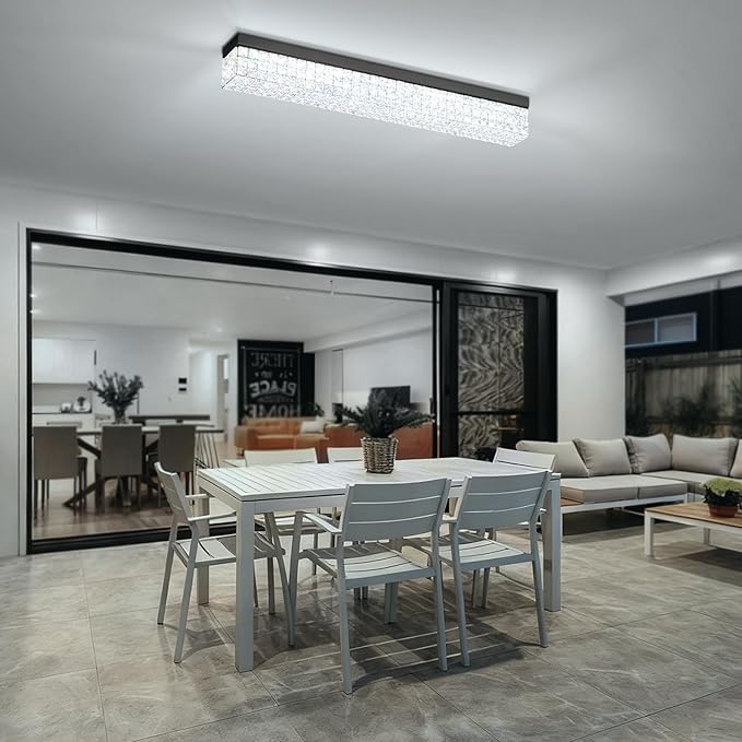 L48 Rectangular Chandelier Flush Mount Rectangle Chandelier Modern K9 Crystal Chandeliers Light Fixture for Dining Room Bedroom Bar Black Crystal Ceiling Lights