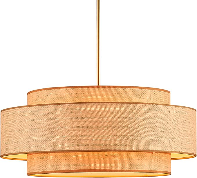 Farmhouse 23.6" Large Drum Rattan Chandelier 6-Lights Vintage Boho Rattan Chandelier Retro Vintage Bamboo Drum Chandeliers for Dining Room, Kitchen Island, Living Room, Bedroom