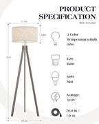 ELYONA Farmhouse Wood Tripod Floor Lamp, Modern Reading Standing Lamp with 3 Color Temperatures LED Blub & Nature Linen Shade, Night Light for Living Room, Bedroom, Study Room, Office, Grey