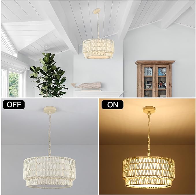 18” Rattan Chandelier Light Fixtures, 3-Light Dining Room 2-Tier Bohemian Coastal Woven Modern Hanging Drum Lighting with Fabric Shade for Living Room Kitchen Island Entryway Hallway