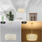18” Rattan Chandelier Light Fixtures, 3-Light Dining Room 2-Tier Bohemian Coastal Woven Modern Hanging Drum Lighting with Fabric Shade for Living Room Kitchen Island Entryway Hallway