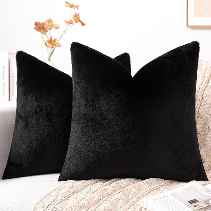 Pallene Faux Fur Plush Throw Pillow Covers 26x26 Set of 2, Luxury Soft Fluffy Cozy Decorative Pillow Covers for Sofa, Couch, Living Room, Black