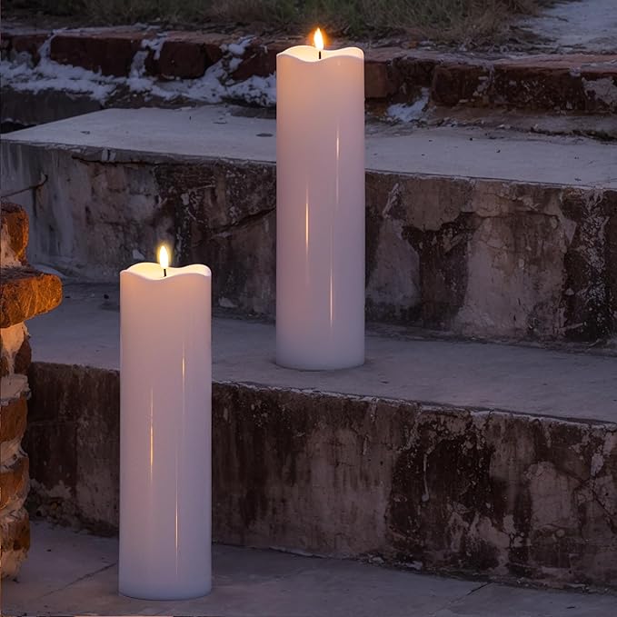 4" x 14" Flameless LED Pillar Candles with Waterproof, Timer Battery Operated Flickering Large Plastic White Outdoor Candles (Pack of 2)