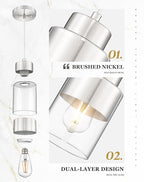2-Pack Pendant Lights Kitchen Island, Brushed Nickel Dual Shade Hanging Lights Fixtures with Metal and Clear Glass, Kitchen Pendant Lighting Over Island for Dining Room, AD-24022-1P2-SN
