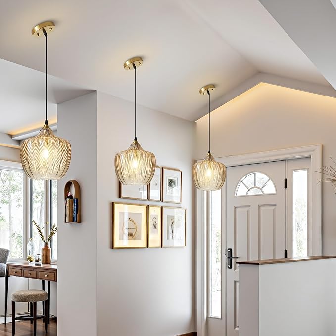 Modern Gold Pendant Light, Amber Glass Farmhouse Kitchen Island Pendant Light Fixture Adjustable Vintage Hanging Ceiling Light for Dining Room Corridor Bedroom 9.45 inch