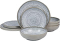 Melamine Dinnerware Sets 12 PCS - Service for 4 Plates & Bowls Sets Dishwasher Top-Shelf Safe, BPA Free Dinner Dishes Set for Everyday Use-Granite Pattern Gray