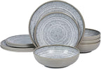 Melamine Dinnerware Sets 12 PCS - Service for 4 Plates & Bowls Sets Dishwasher Top-Shelf Safe, BPA Free Dinner Dishes Set for Everyday Use-Granite Pattern Gray