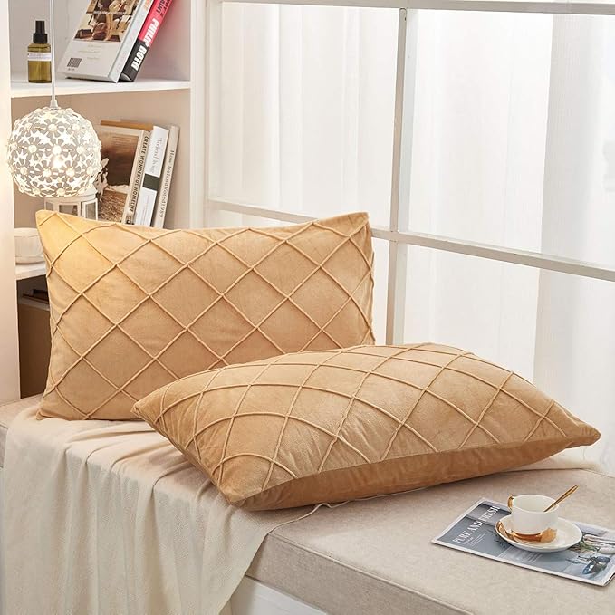JAUXIO Diamond Pinch Pleated Crystal Velvet Pillowcases 2 Pack Solid Pintuck Throw Cushion Cover for Home Decor Hidden Zipper Closure (Camel, King)