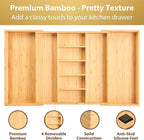 Umilife Extra Large Expandable Kitchen Drawer Organizer for Utensil and Junk, 19" Deep for Big Drawer, 19" to 33" Adjustable Bamboo Wood Drawer Divider, Cutlery Tray, Flatware Holder