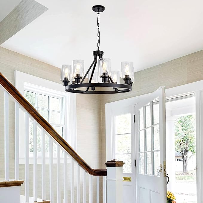8-Light Black Dining Room Light Fixtures Farmhouse Wagon Wheel Chandelier Kitchen Island Pendant Lights Modern Industrial Rustic Adjustable Height Metal E26