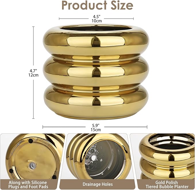 Briful Gold Ceramic Planter Pot with Drainage Hole 6in Polished Tiered Bubble Flower Planter Garden Pot for Indoor Plants Modern Home Office Decor