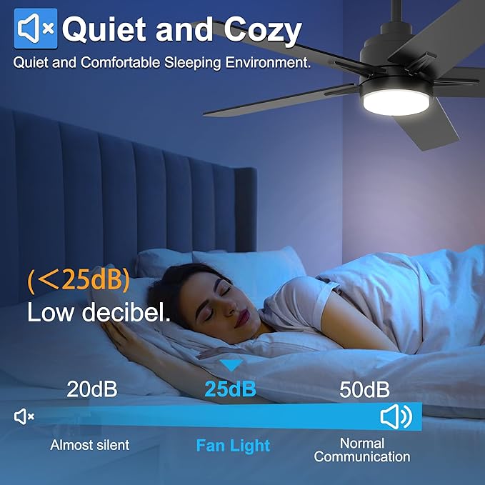YUHAO 48 Inch Black Ceiling Fan with Light and Remote Control.Noiseless,Dimmable, 3CCT,6 Speeds Reversible, Modern DC Ceiling Fans for Indoor Use