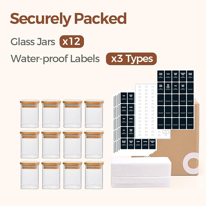 ComSaf 12Pcs Glass Spice Jars with Bamboo Lid, 8oz Airtight Square Containers with 275 Black Lables, Empty Seasoning Jars for Spice Salt Sugar