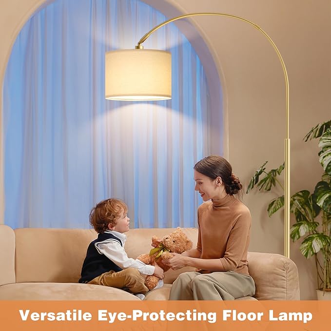 Ambimall Dimmable Arc Floor Lamp with Remote, Color Temperatures and Brightness Adjustable, Arched Floor Lamp with Rotating Head, Over Couch Arched Reading Light for Living Room (Deep Beige and Gold)