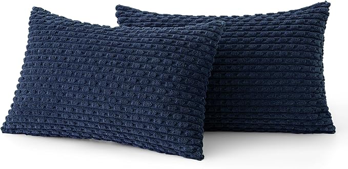 MIULEE Pack of 2 Decorative Throw Pillow Covers 18x18 Inch Soft Boho Striped Textured Corduroy Pillow Covers Modern Farmhouse Home Decor for Couch Bed Sofa Living Room Navy Blue