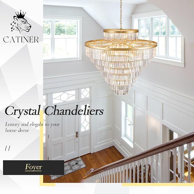8 Tiers Large Gold Crystal Chandeliers 28 Lights 43.3" Modern Luxury Chandelier for High Ceiling Foyer Round K9 Ceiling Pendant Light Fixture for Living Dining Room Hotel Lobby