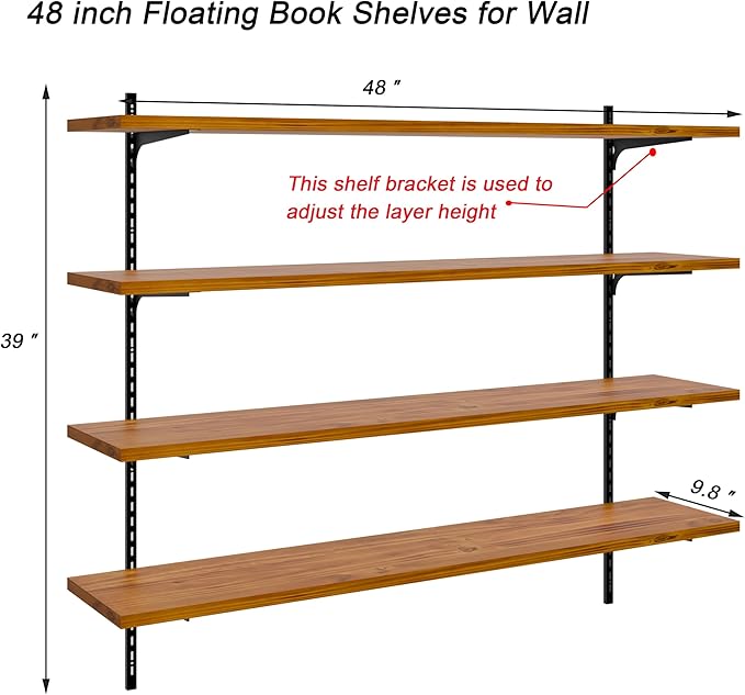 ROGMARS Floating Book Shelves for Wall,Natural Wood Adjustable Floating Wooden Wall Shelves 48 Inch for Bedroom,Living Room,Kitchen, Closet Organizers and Storage,Set of 4