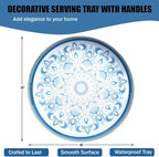 Round Blue Decorative Tray for Coffee Table, Ottoman, 13” Plastic Serving Platter Tray with Handles for Entertaining, Living Room