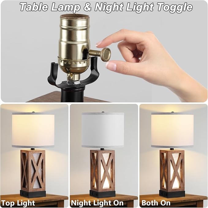 Set of 2 Wood Table Lamp, Vintage Nightstand Lamp with USB Charging Ports A/C, Farmhouse Bedside Lamps for Living Room