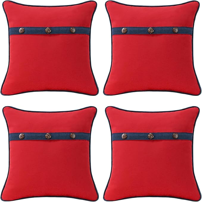 Outdoor Sunbrella Decorative Pillows with Triple Coconut Buttons Pack of 4, 18" x 18" Outdoor Pillow Set for Couch Bed Throw Patio Sofa, Canvas Logo Red/Specrtum Indigo