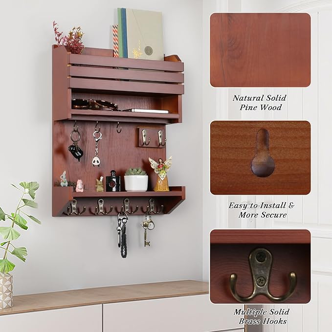 Key Holder, Wall Mounted Mail Organizer, Keys Holder on Wall with 9 Key Hooks, Auburn
