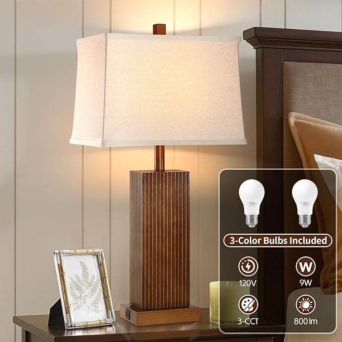 27.5" Wood Table Lamps Set of 2, Modern Farmhouse Bedroom Lamp for Nightstand with USB Charging Port, Natural Wooden Base Table Lamp for Living Room Bedroom, Bulbs Included (Walnut Wood)