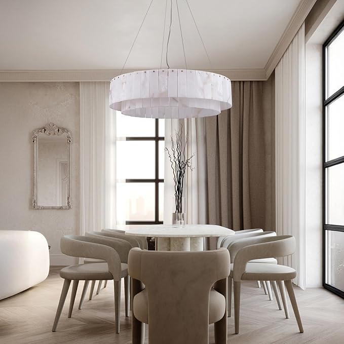Alabaster Chandelier D31in Spanish Natural Marble Round Chandeliers, 2 Tiers Modern Living Room Chandelier, Alabaster Pendant Light Fixture, Dimmable Chandeliers for Bedroom, Entryway, Foyer