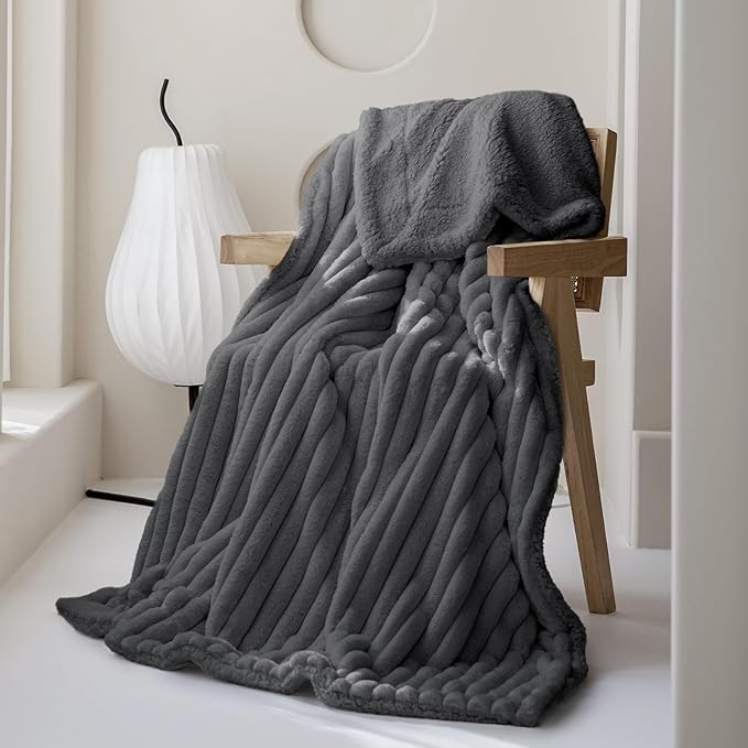 MOSAYT Throw Blanket for Couch Or Bed, Super Soft Faux Rabbit Fur Lamb Hair Blanket, Elegant Ruched Design Fleece Blanket, Grey Cozy Blanket for Couch, Sofa and Bed(50x60 Inch)