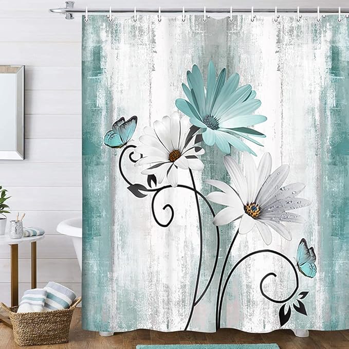 Rustic Farmhouse Shower Curtain, Farm Teal Daisy Floral Flowers and Butterfly on Country Wooden Shower Curtain for Bathroom, Turquoise Blue with 12PCS Hooks, 70X70IN