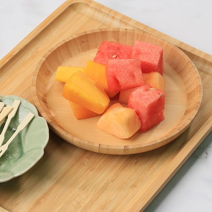 Bamboo Dinner Plates Set of 2, 7.5-inch Wooden Serving Plates with Raised Edges for Snack/Dessert, Round Lightweight Dishes Doubles as Pasta Bowls for Fruit/Salads, Wide and Shallow