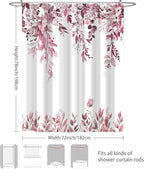 Eucalyptus Shower Curtain, Dark Red Watercolor Leaves with Floral Botanical Bathroom Decor, Waterproof Fabric Bath Curtain Set with Hooks, 72x78 Inches