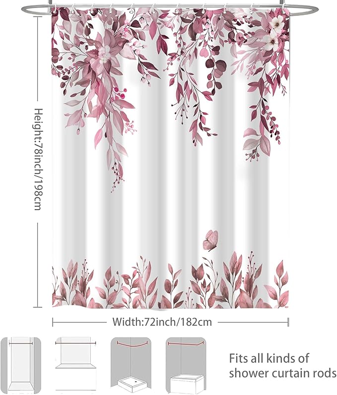 Eucalyptus Shower Curtain, Dark Red Watercolor Leaves with Floral Botanical Bathroom Decor, Waterproof Fabric Bath Curtain Set with Hooks, 72x78 Inches