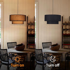 Black Drum Pendant Light Fixtures, 18” Double Drum Chandelier with Fabric Lampshade E26 Base, 3 Light Dining Room Light Fixture, 2-Tier Chandelier for Bedroom and Kitchen(Bulb not Included)