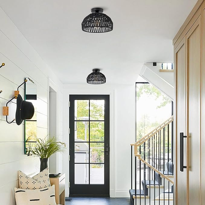 2 Packs Black Boho Light Rattan Ceiling Lighting Fixtures Small Boho Lamp Shade Flush Mount Ceiling Light Hand Woven Chandelier for Entryway Bedroom Kitchen Nursery Lights