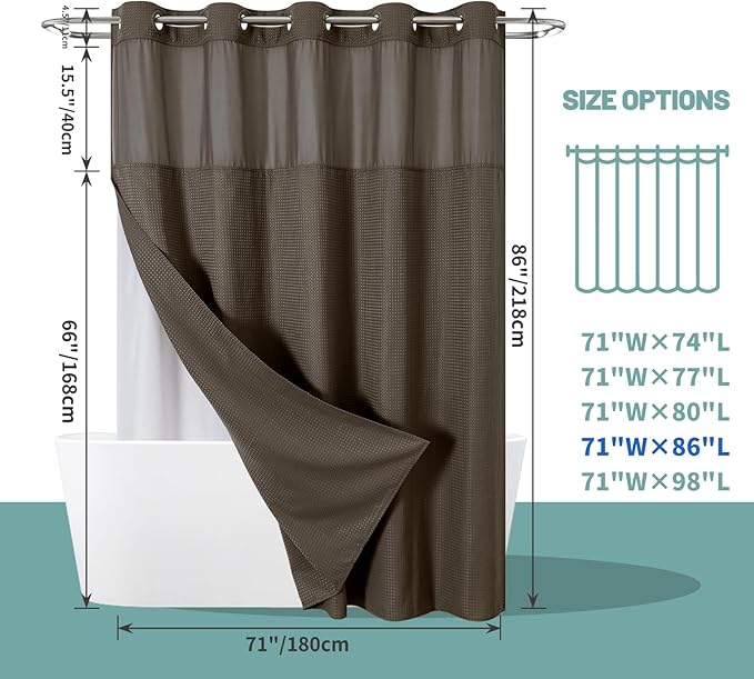 Brown Extra Long No Hook Waffle Weave Shower Curtain with snap-in Liner Replacement, 230GSM Waterproof Fabric Hotel Shower Curtain Set for Bathroom, Through Mesh Top Window,71Wx86H