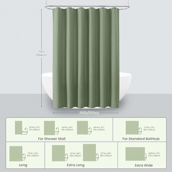 Inhousolu Fabric Shower Curtain Waffle Weave, Sage Green 230 GSM Heavy Duty, Weighted Hem, 20 Metal Hooks, Water Repellent, Machine Washable, Hotel Spa Luxury Bath Curtain Set, 108 x 72 Inch