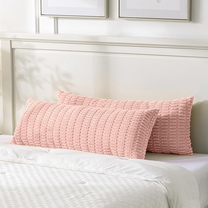 Fancy Homi Blush Pink Long Body Lumbar Lumbar Decorative Throw Pillow Covers 14x36 Inch for Bed Couch Bedroom Bench, Soft Corduroy Rectangle Solid Pillow Case, Rustic Farmhouse Boho Room Decor