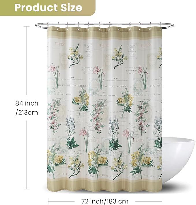 Extra Long Fabric Shower Curtain, Country Vintage Floral Shower Curtain, Gold and Green Flower Shower Curtains for Bathroom, Waterproof Bathroom Curtains, 72" W x 84" H