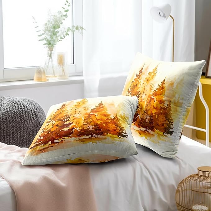 Fall Throw Pillow Covers 16x16 Pack of 2, Orange Nature Pine Forest Autumn Season Decorative Farmhouse Pillow Cases Cotton Linen Cushion Cover for Home Living Room Bed Sofa Car