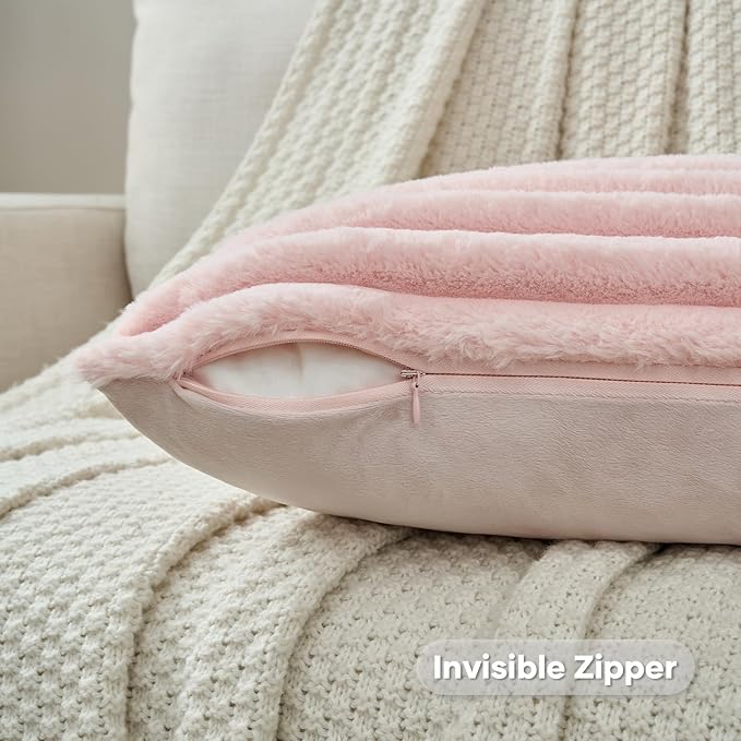 FUTEI Pink Striped Decorative Throw Pillow Covers 26x26 Inch Set of 2,Square Winter Decorations Couch Euro Pillow Shams,Soft Cozy Faux Rabbit Fur & Velvet Back,Modern Home Decor for Bed