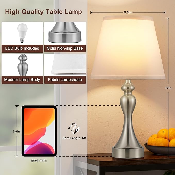 Seealle Touch Lamps for Night Stands - Bedside Lamps Set of 2, 3 Way Dimmable, USB C+A for Bedroom & End Tables (White&Nickel)